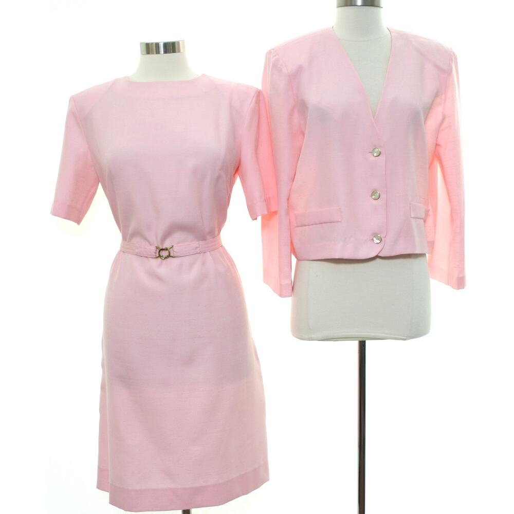 Vintage 1980s Pink Shantung Dress & Jacket Set Gold Belt Women's Small